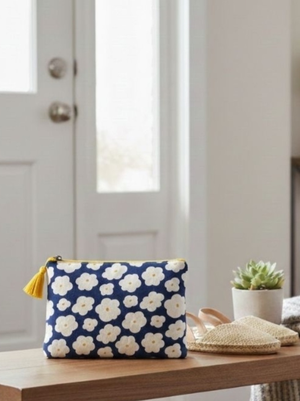 NWT Floral Navy and White Cosmetic Pouch with Yellow Tassel